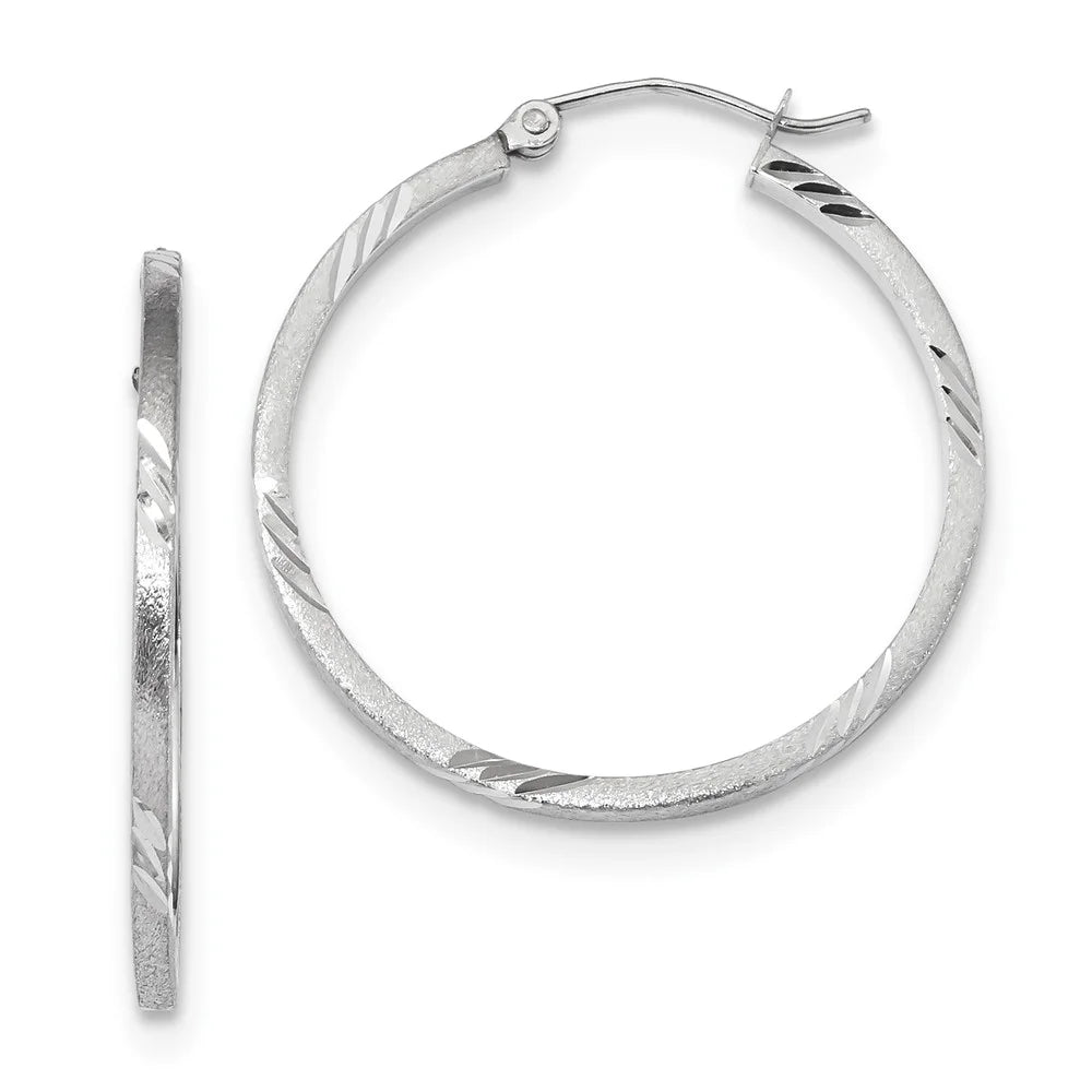 Real 14kt White Gold Satin Diamond-cut Princess Square Tube Hoop Earrings; for Adults and Teens; for Women and Men