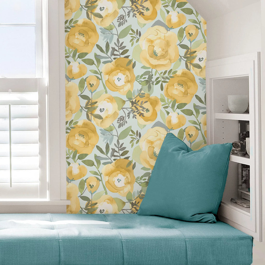 ft.. NuWallpaper Peachy Keen Yellow Vinyl Peel And Stick Wallpaper, 216-in by 20.5-in, 30.75 sq