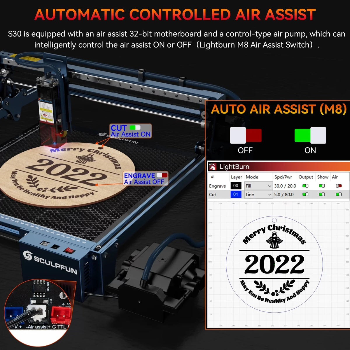 SCULPFUN-2 Engraving Machine,Pump Nozzle Limit With Air-assist With Lens Limit Switchs 5w Nozzle Limit Switchs S30 With 410x400mm Area 5w With Switchs 5w Wireless Air Assist Pump With Auto Air