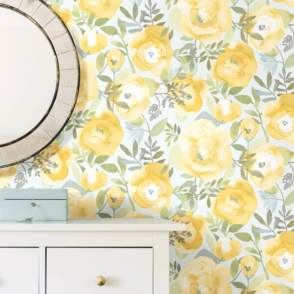 ft.. NuWallpaper Peachy Keen Yellow Vinyl Peel And Stick Wallpaper, 216-in by 20.5-in, 30.75 sq