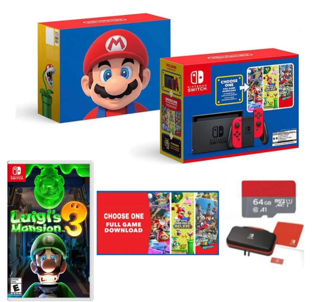 New Nintendo Switch Mario Bundle with Red Joy-Con - Bundle with Luigi's Mansion 3  & Choose One of Three Download Mario Games - 64GB Micro SD - Switch Carrying Case