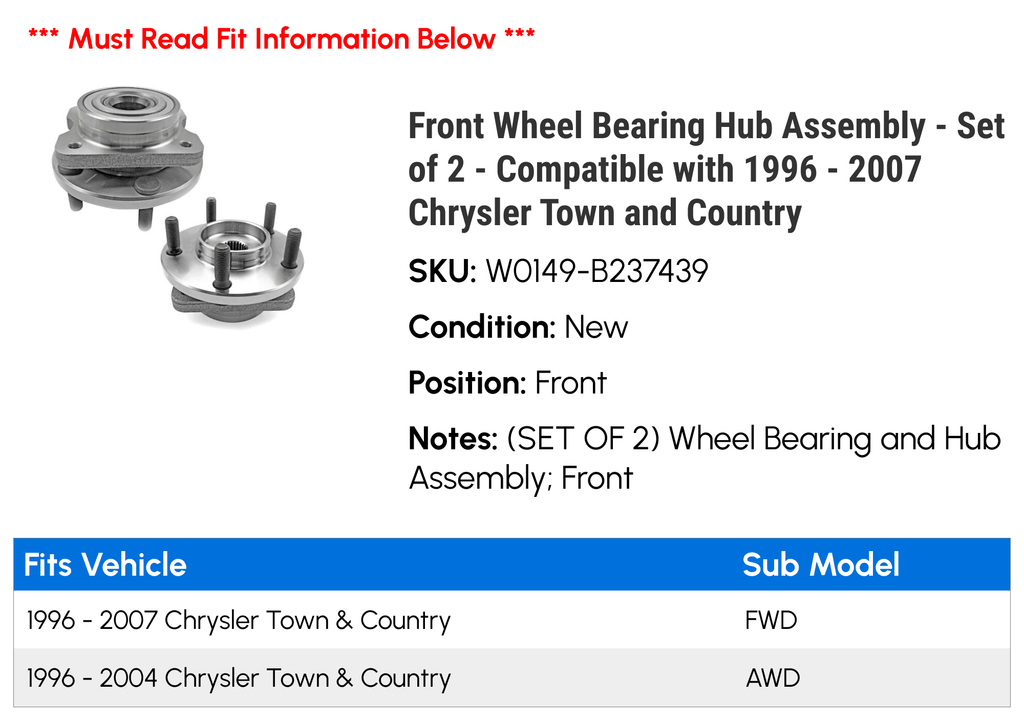 Front Wheel Bearing Hub Assembly - Set of 2 - matching with 1996 - 2007 Chrysler Town and Country 1997 1998 1999 2000 2001 2002 2003 2004 2005 2006