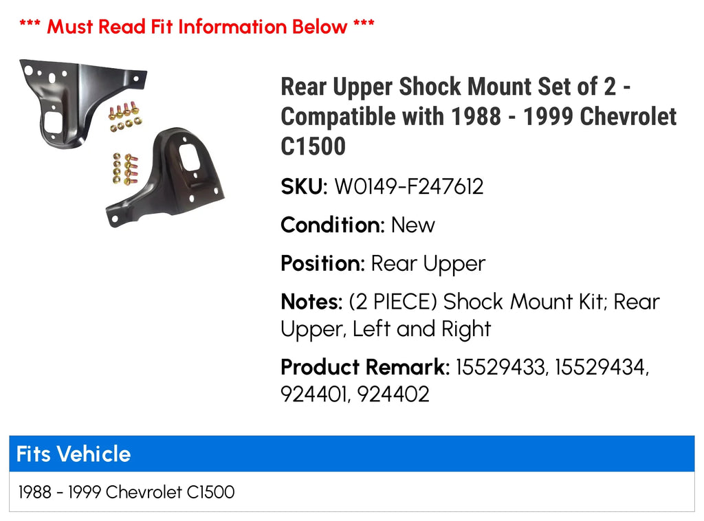 Rear Upper Shock Mount Set of 2 - appropriate with 1988 - 1999 Chevy C1500 1989 1990 1991 1992 1993 1994 1995 1996 1997 1998