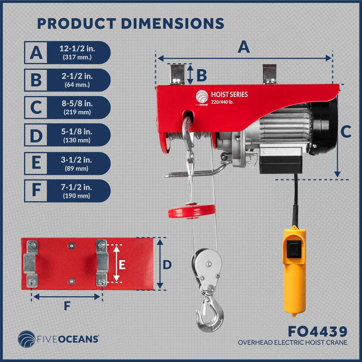 Five Oceans Electric Hoist, Hoist Pulley System, Pulley Hoist, 440 Lb Electric Winch 20FT Remote Control 120 V, Includes Working Gloves for Garage, Factory Lifting Emergency Stop Button - FO3780-C1