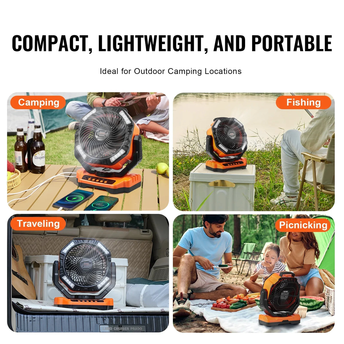 SKYSHALO 13 inch Portable Fan Rechargeable with LED Lantern 4 Speeds Swivel Timer