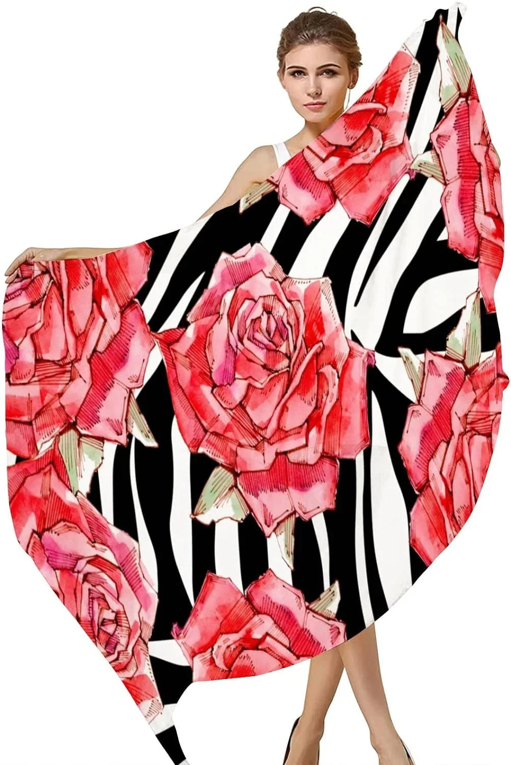 Hyjoy Watercolor Red Roses Long Silk Neck Scarf Lightweight Shawl Wrap Scarves for Women Girls