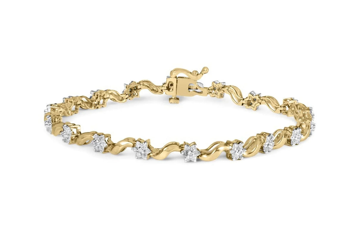 Haus of Brilliance 10k Yellow Gold 1.00 Cttw Womens Round Cut Diamond Floral S-Link 7.50" Box Clasp Prong Bracelet (I-J Color, I2-I3 Clarity)