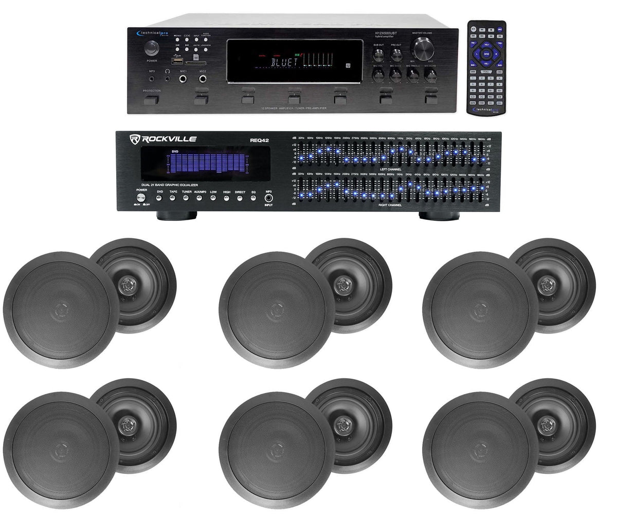 6000w 6-Zone, Home Theater Bluetooth Receiver+12) Black 6.5" Ceiling Speakers+EQ