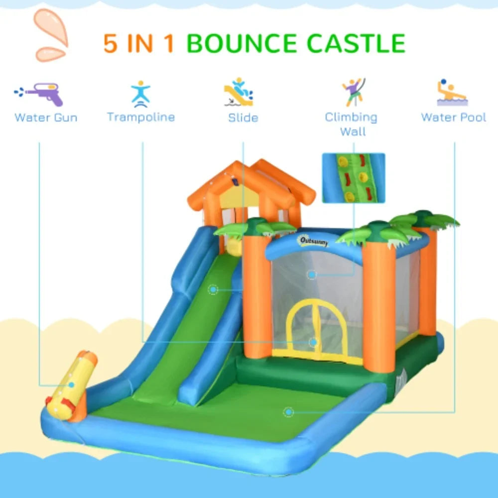 Outsunny 6-in-1 Tropical Inflatable liquid Slide Summer Theme Jumping Castle Includes Floating Ball Slide Trampoline Pool Cannon Climbing Wall with Carry Bag, Repair Patches and 450W Air Blower