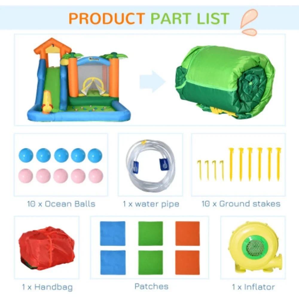 Outsunny 6-in-1 Tropical Inflatable liquid Slide Summer Theme Jumping Castle Includes Floating Ball Slide Trampoline Pool Cannon Climbing Wall with Carry Bag, Repair Patches and 450W Air Blower