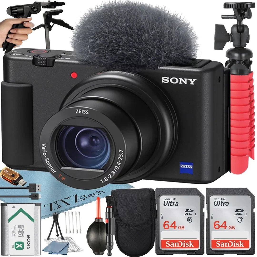 ZV-1F Vlogging Camera (Black) with 2 Pack SanDisk 64GB Memory Card + Tripod + Case + ZeeTech Accessory Bundle