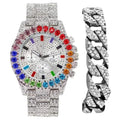 Iced Out Colourful Rainbow Flame Collection (ST10327CO-C SLV). Charles Raymond Iced Out Mens Color on Blast Watch Single or Combo Sets with Blinged Out Bracelets Set