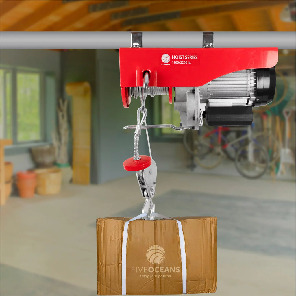 Five Oceans Electric Hoist, Hoist Pulley System, Pulley Hoist, 440 Lb Electric Winch 20FT Remote Control 120 V, Includes Working Gloves for Garage, Factory Lifting Emergency Stop Button - FO3780-C1