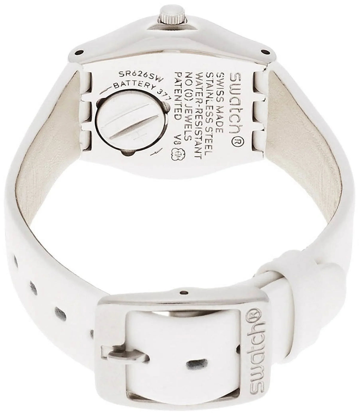 Swatch YSS296 Silver Tone Dial White Leather Strap Women's Watch