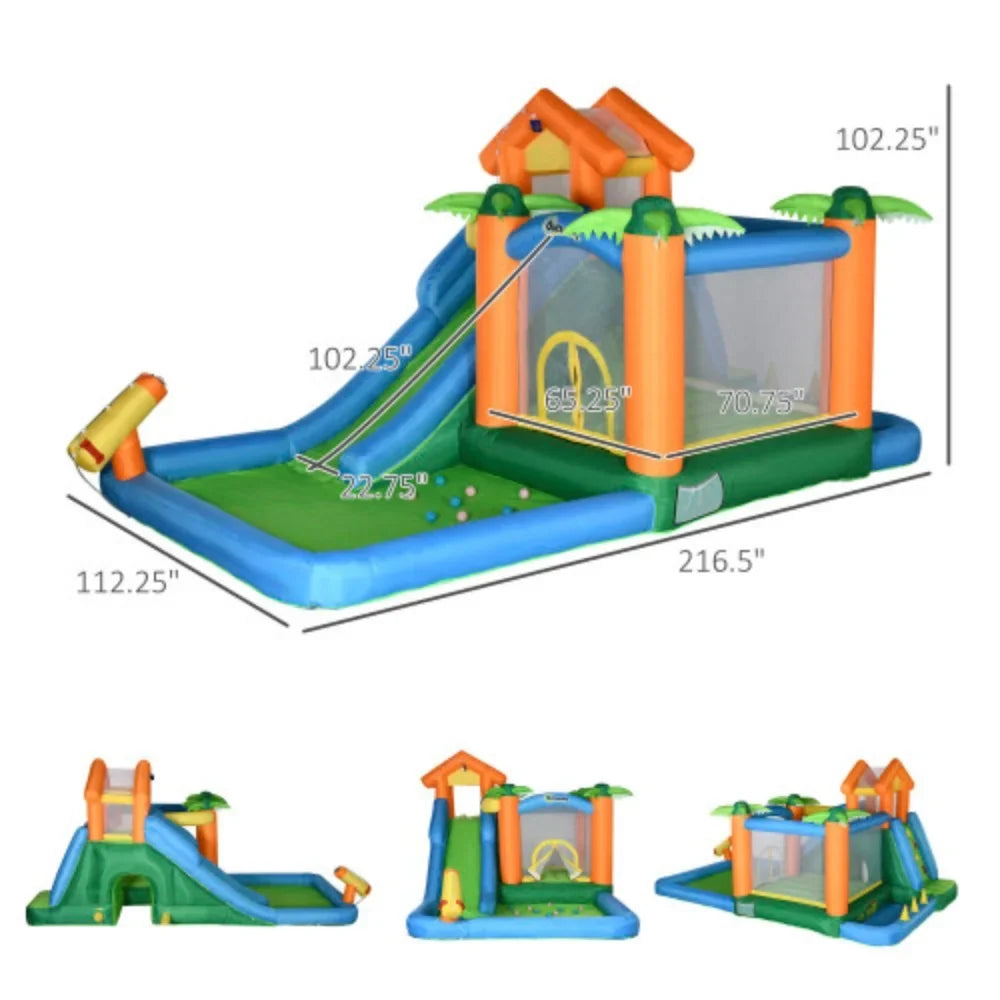 Outsunny 6-in-1 Tropical Inflatable liquid Slide Summer Theme Jumping Castle Includes Floating Ball Slide Trampoline Pool Cannon Climbing Wall with Carry Bag, Repair Patches and 450W Air Blower