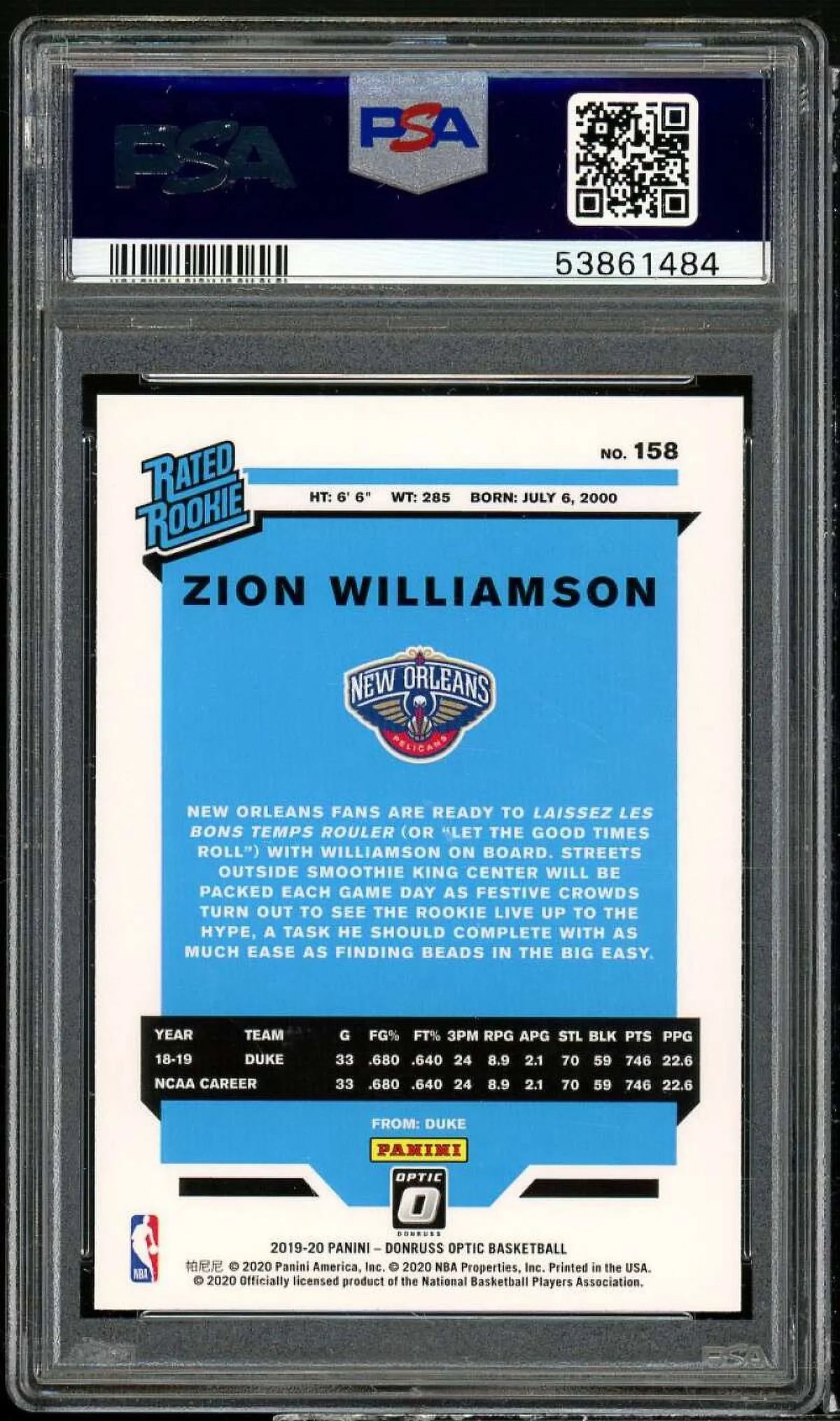 Zion Williamson Rookie Card 2019-20 Panini Donruss Optic #158 PSA 9