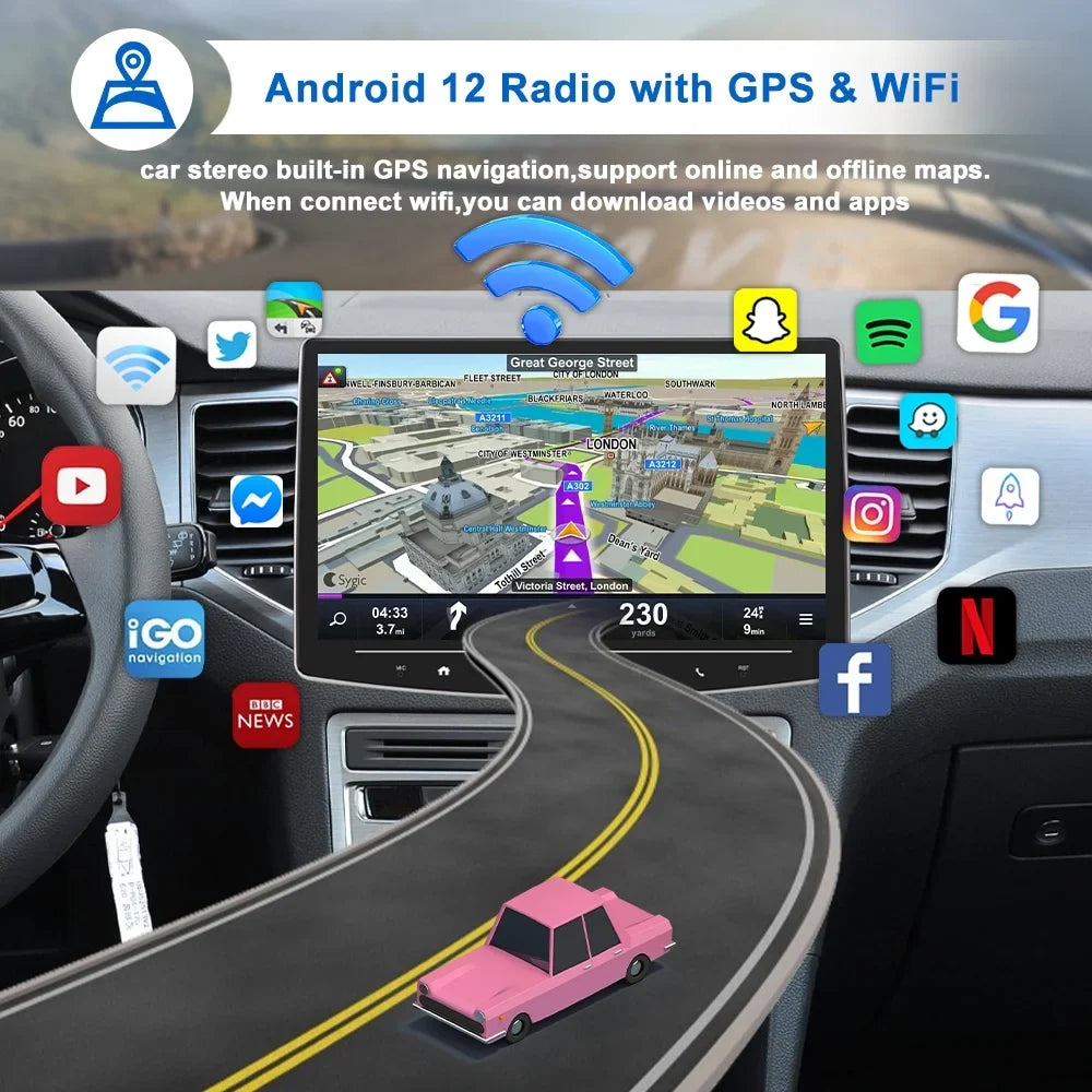 Single 1 Din 10 Inch Touch Screen Car Stereo Radio with  Carplay Android Auto Mirror Link HD Multimedia Player Bluetooth USB FM Audio Receiver USB including AHD Reversing Camera