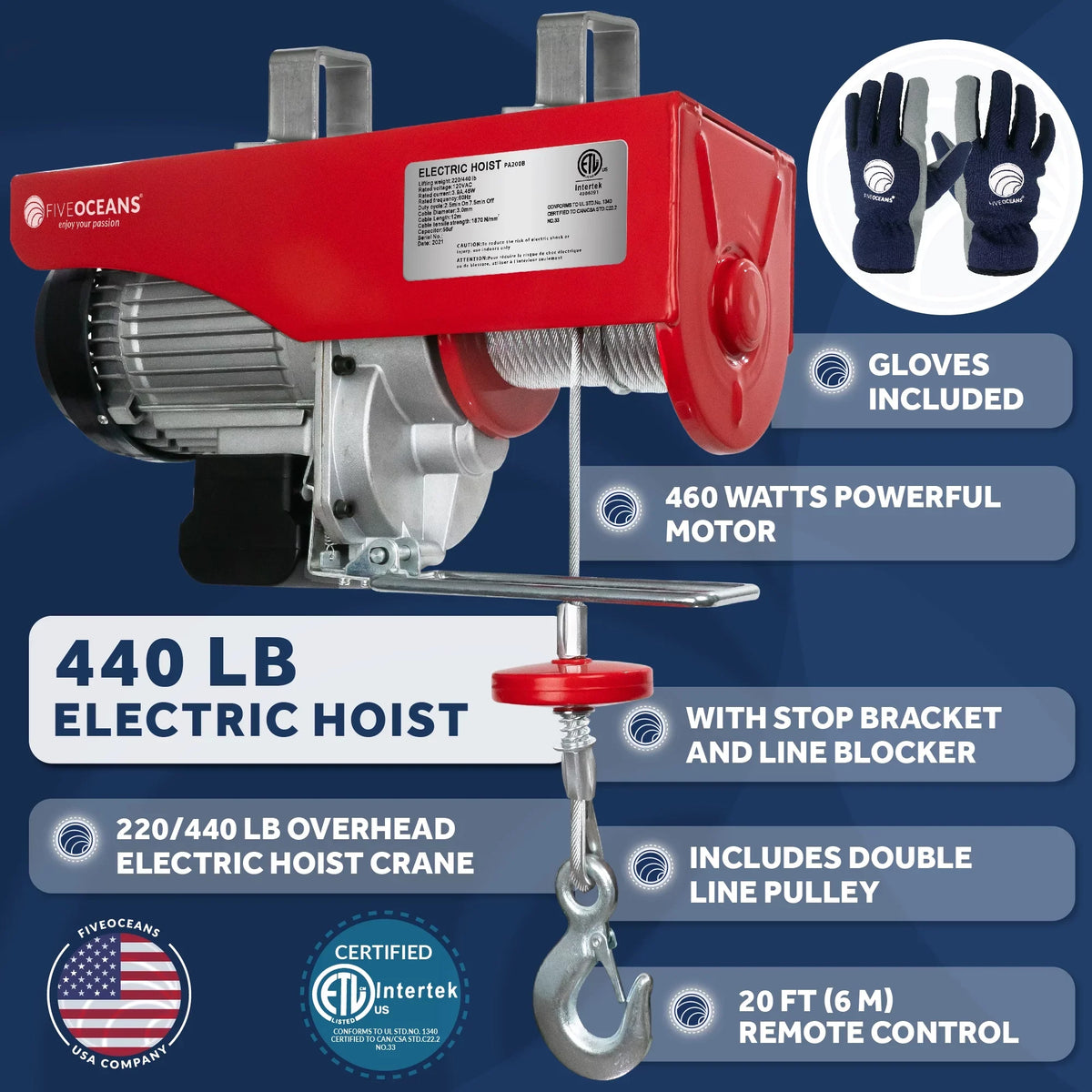 Five Oceans Electric Hoist, Hoist Pulley System, Pulley Hoist, 440 Lb Electric Winch 20FT Remote Control 120 V, Includes Working Gloves for Garage, Factory Lifting Emergency Stop Button - FO3780-C1