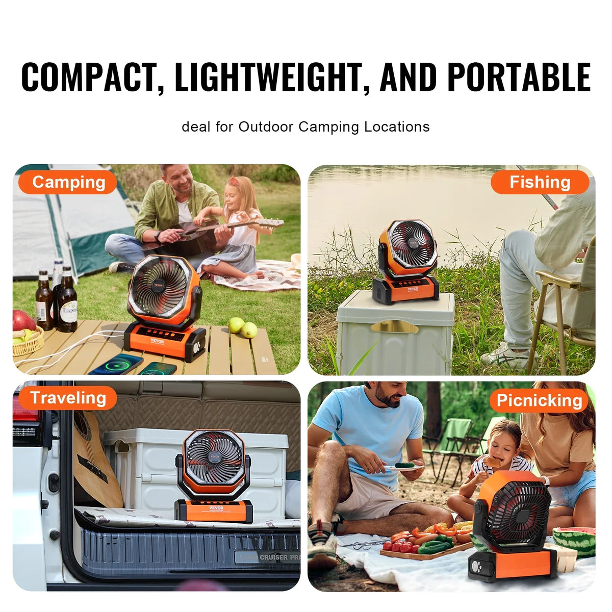 SKYSHALO 9 inch Portable Fan Rechargeable with LED Lantern 4 Speeds Swivel Timer