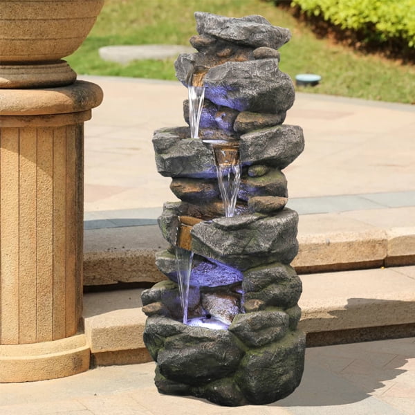 Fithood 40inches High Stacked Simulated Rock moisture Fountain with LED Lights