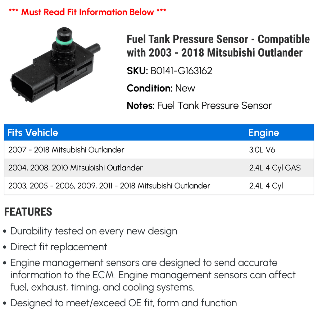 Fuel Tank Pressure Sensor - suitable with 2003 - 2018 Mitsubishi Outlander 2004 2005 2006 2007 2008 2009 2010 2011 2012 2013 2014 2015 2016 2017