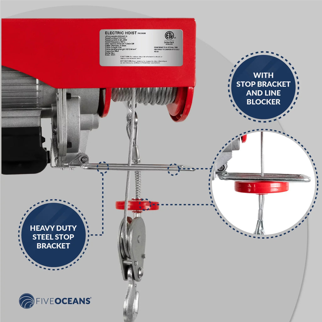 Five Oceans Electric Hoist, Hoist Pulley System, Pulley Hoist, 440 Lb Electric Winch 20FT Remote Control 120 V, Includes Working Gloves for Garage, Factory Lifting Emergency Stop Button - FO3780-C1