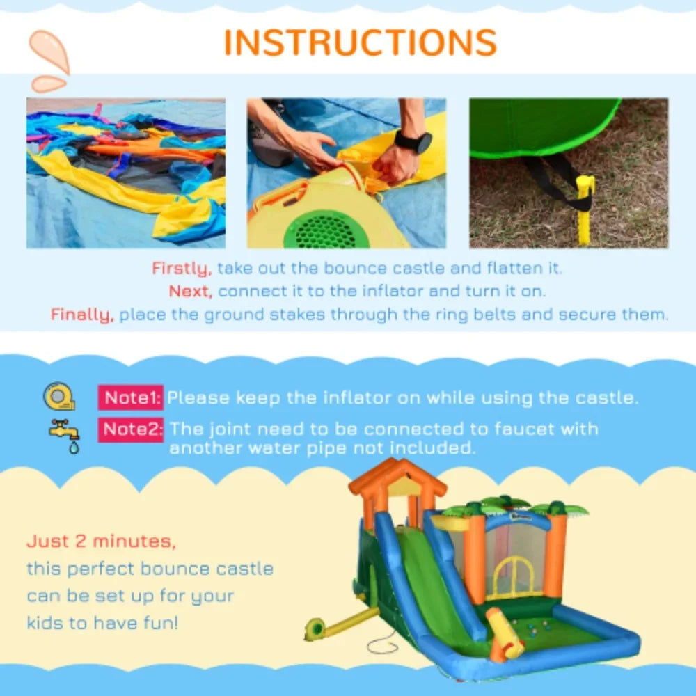 Outsunny 6-in-1 Tropical Inflatable liquid Slide Summer Theme Jumping Castle Includes Floating Ball Slide Trampoline Pool Cannon Climbing Wall with Carry Bag, Repair Patches and 450W Air Blower