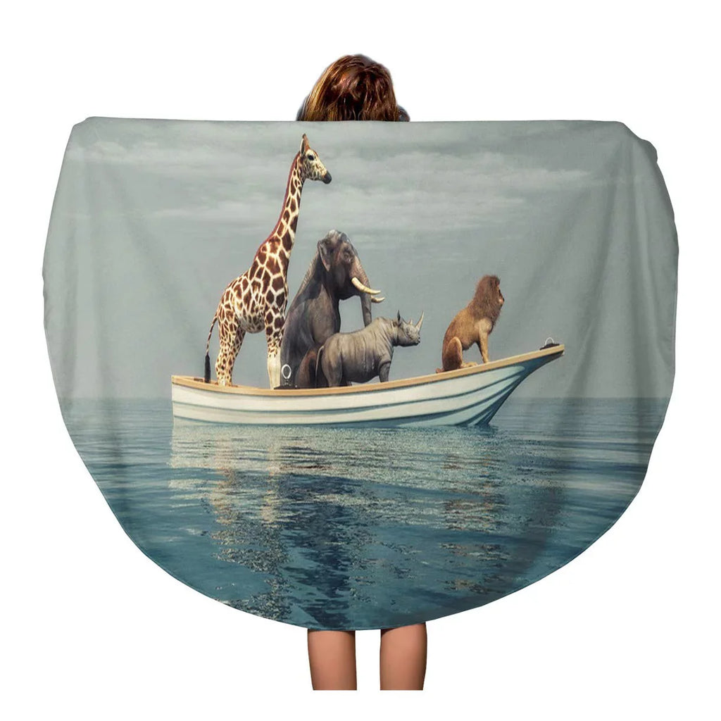 LADDKA 60 inch Round Beach Towel Blanket Wild Lion Rhino Elephant Giraffe Sitting in craft Travel Circle Circular Towels Mat Tapestry Beach Throw