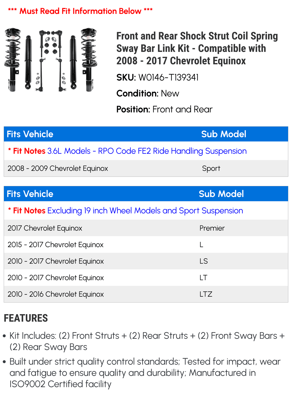Front and Rear Shock Strut Coil Spring and Sway Bar Link Kit - 8 Piece - matching with 2008 - 2017 Chevy Equinox (Models without 19 Inch Wheels and Sport Suspension Only) 2009 2010 2011 2012
