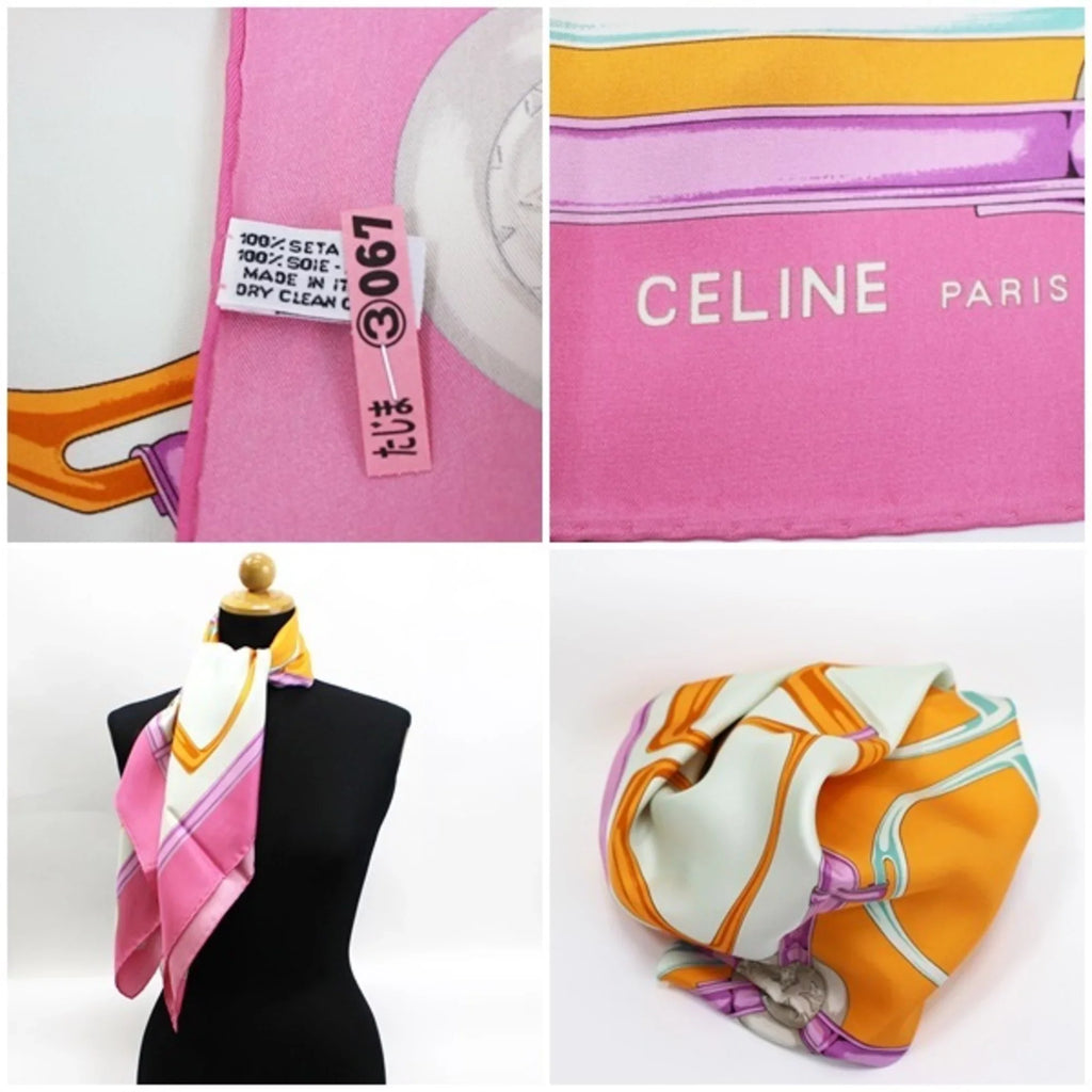 Pre-Owned Celine scarf muffler pink x multicolor harness pattern CELINE ladies horsebit (Like New)