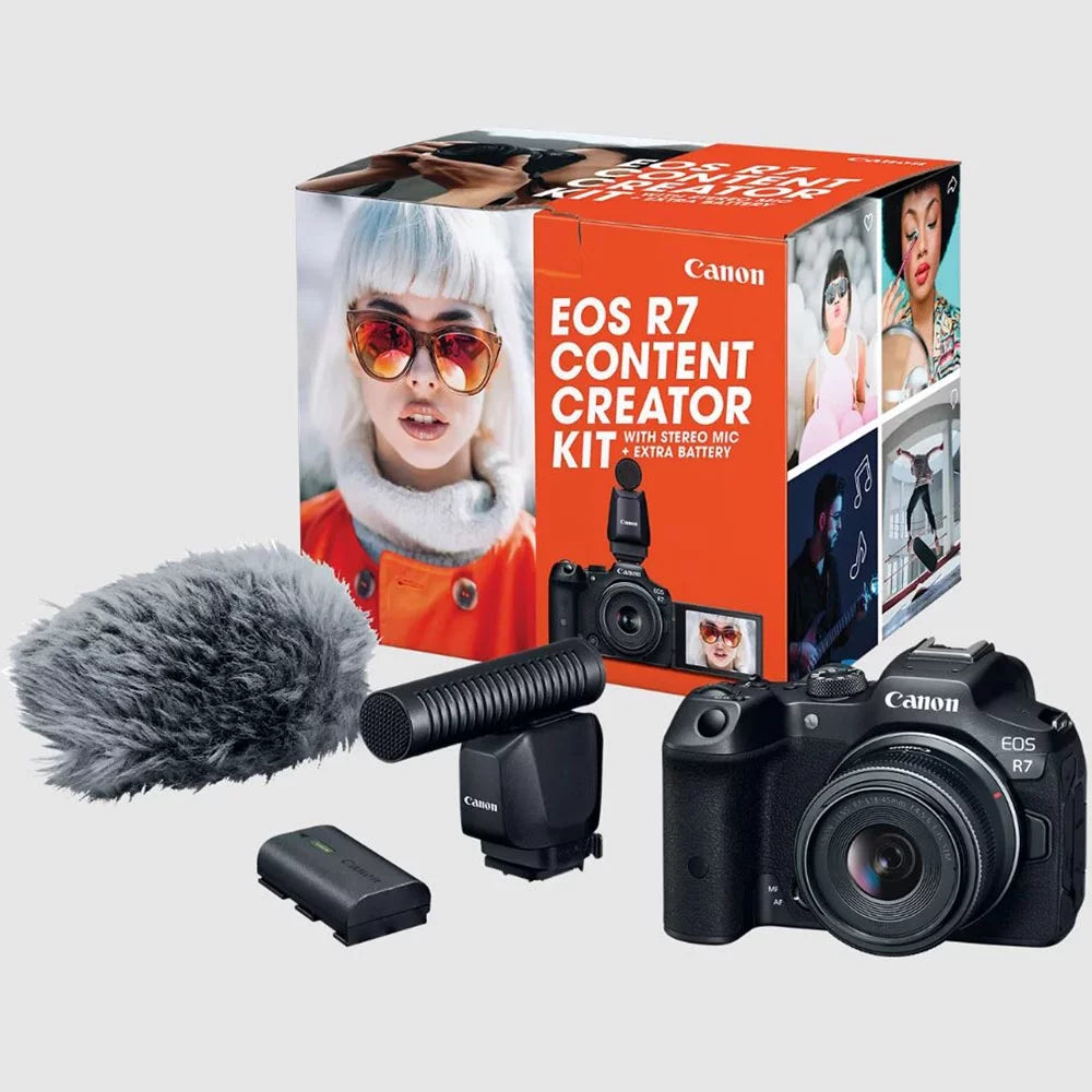 EOS R7 Mirrorless Camera Content Creator Kit Including Body + 18-45mm IS STM Lens + Microphone + 2 Battery 5137C055 Bundle with Deco Gear Photography Bag + Monopod + Software & Accessories