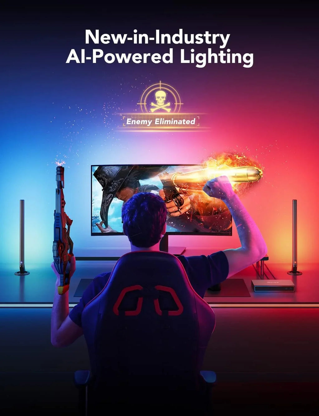 Govee AI Gaming Sync Box Kit, with Light Bars And Monitor Back Light, HDMI2.0 4K Gaming Box, RGBIC LED Light Strip for 27-34 inch Monitors, Works with Alexa, Google Assistant, and CEC, 3 HDMI In 1 Out