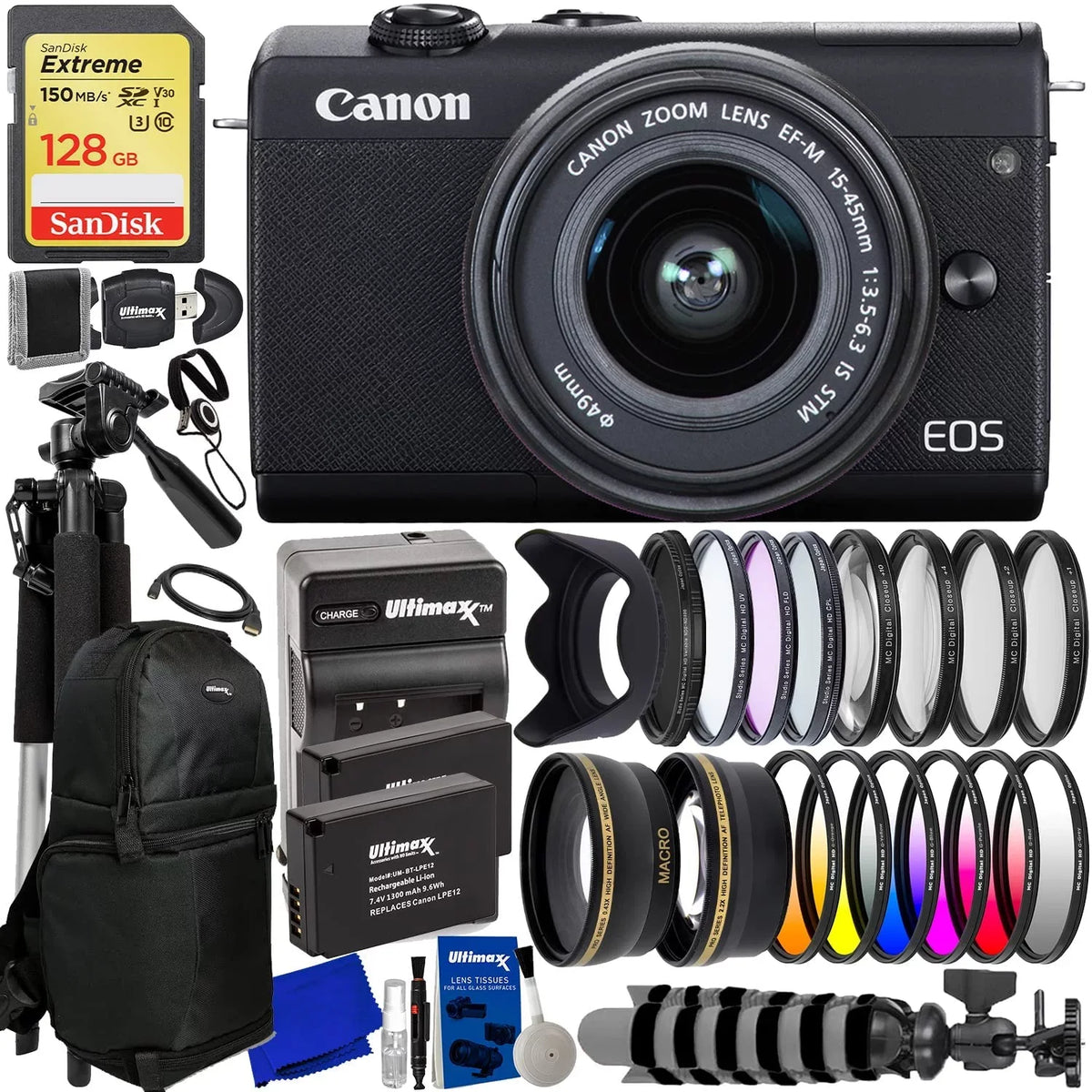 EOS M200 Digital Camera with 15-45mm Lens (Black) - 20PC Accessory Bundle