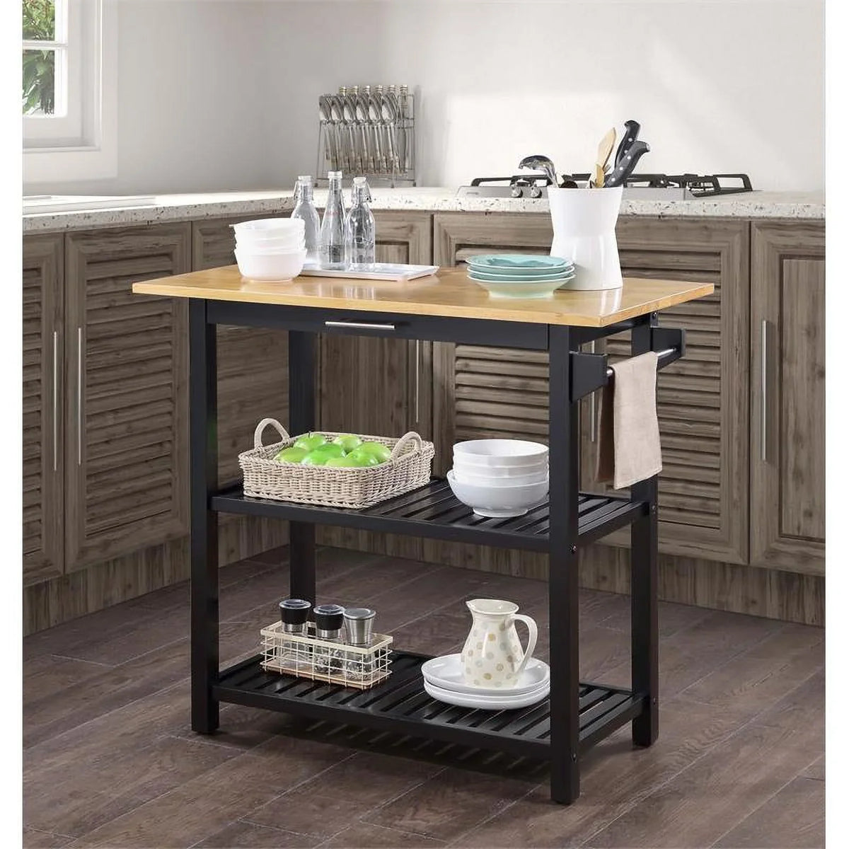 Pemberly Row 3-Tier Butcher Block Kitchen Prep Island with Drawer- Black Wood