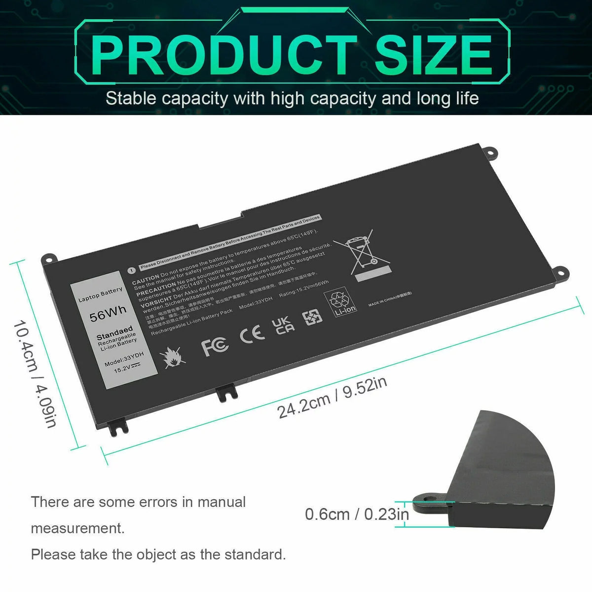 For  Latitude 3580 3590 Inspiron 7779 7786 Laptop 56Wh 4-Cell Battery 33YDH