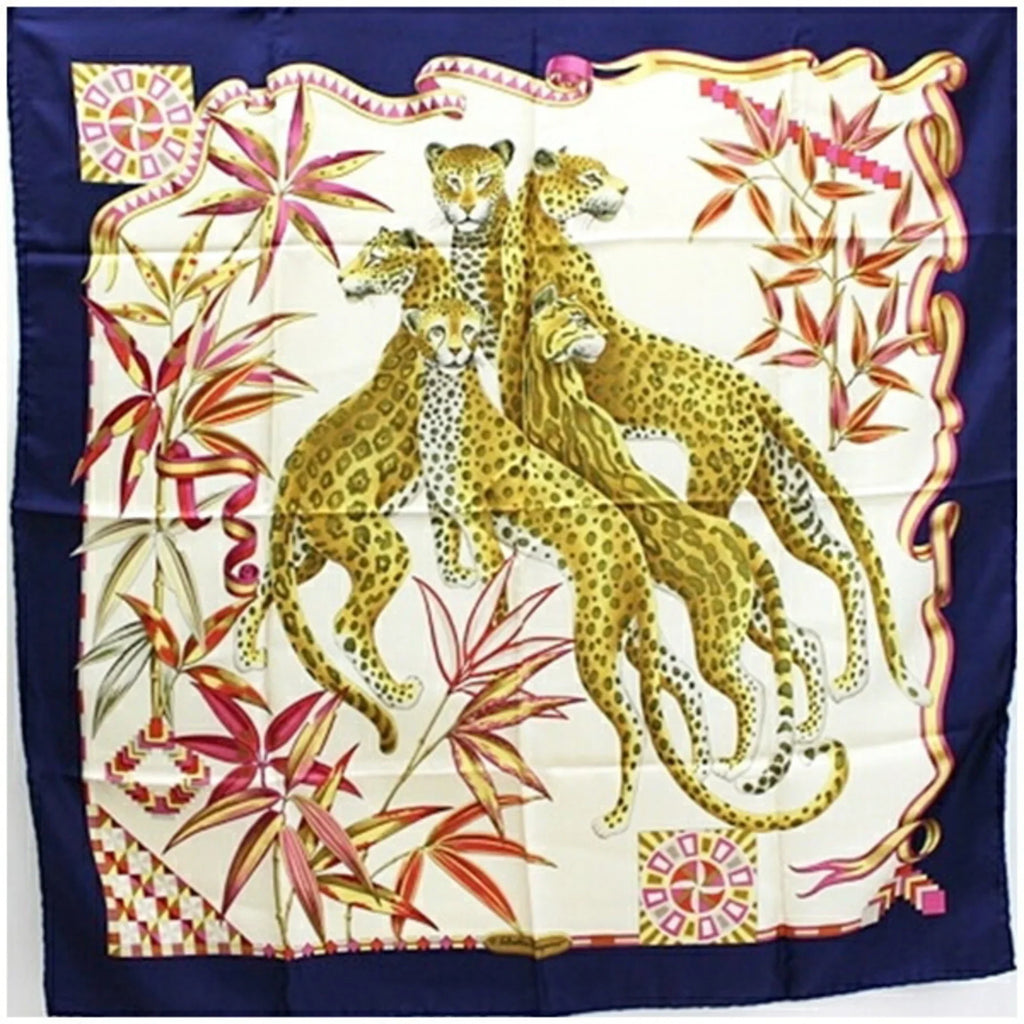 Pre-Owned Salvatore Ferragamo Silk Scarf Muffler Navy x Multicolor Leopard Print Women's (Good)